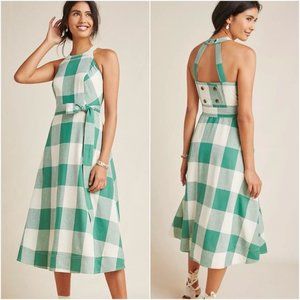 Anthropologie Green and White Checkered Midi Dress
